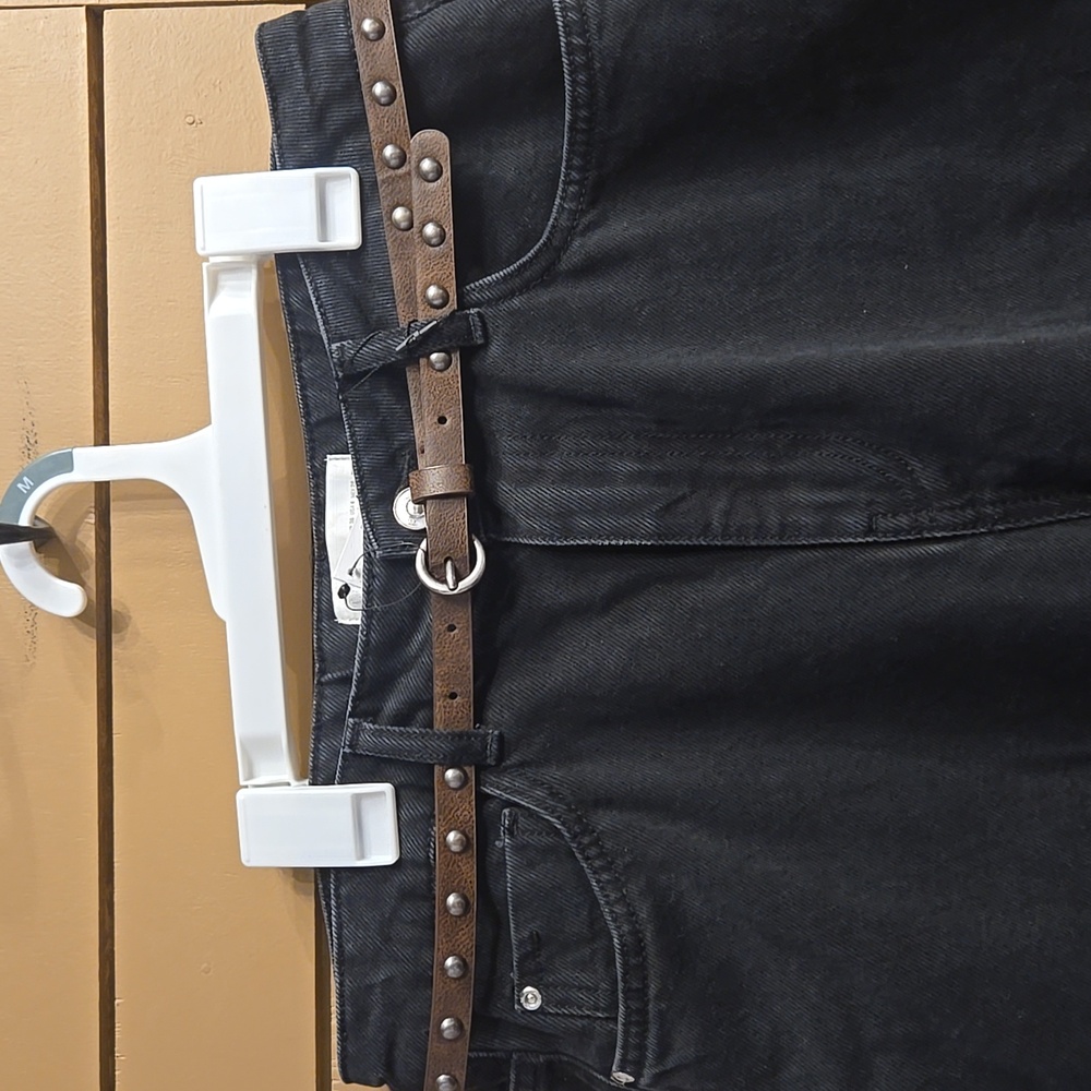Zara Black Denim Bermunda Short With Brown Belt Size 4 - Picture 2 of 7